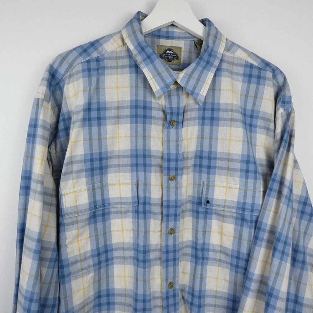 Shaver Lake Button Up Shirt Mens XL Blue Plaid Long Sleeve Flip Cuffs Cotton
